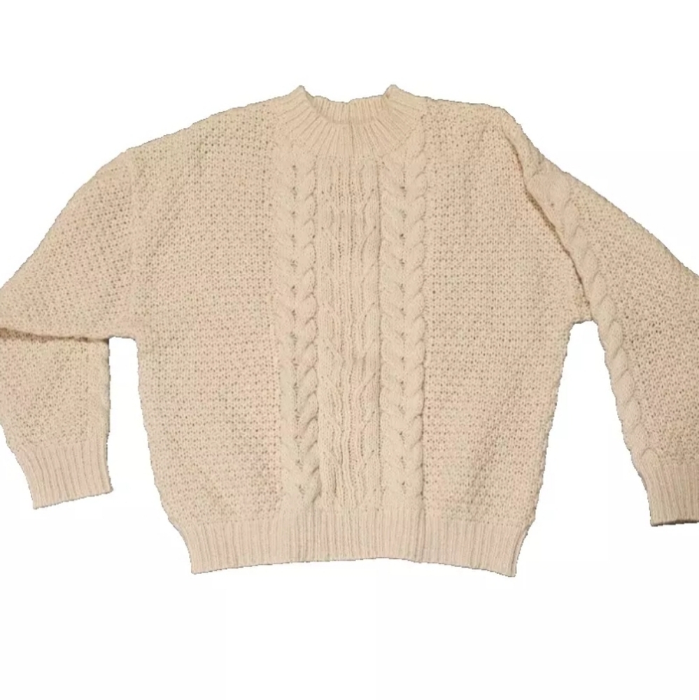 Umgee USA Boutique Cable Knit Long Sleeve Cozy Sweater Cream Size M Crewneck